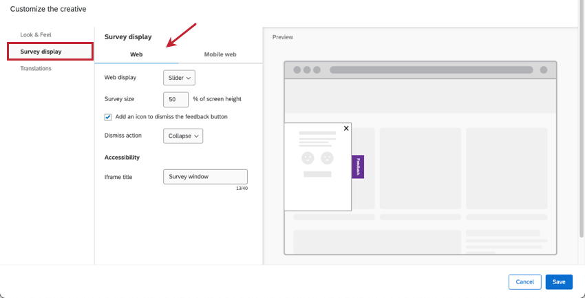 Section daffichage de lenquête pour le bouton de rétroaction dans Web