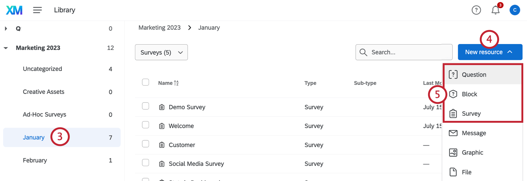new resource button with survey options highlighted