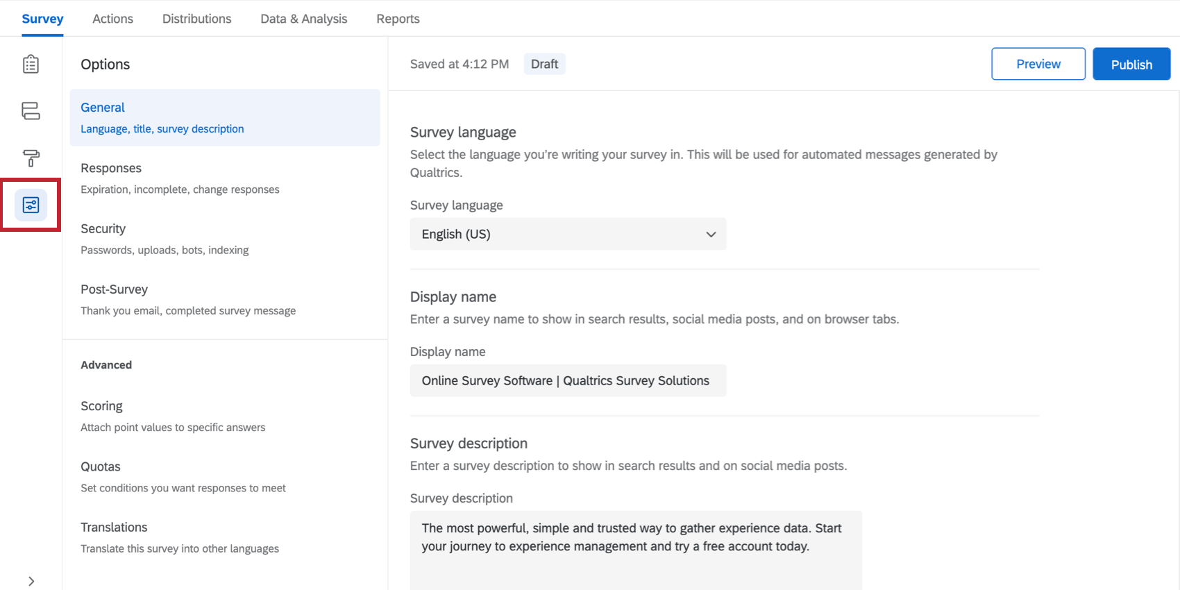 View of Survey Options
