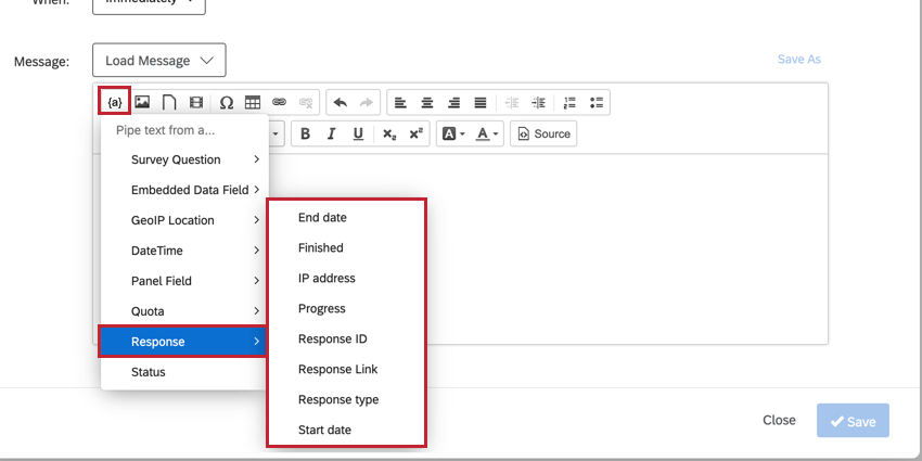 using the piped text menu for a task triggered by a survey response event