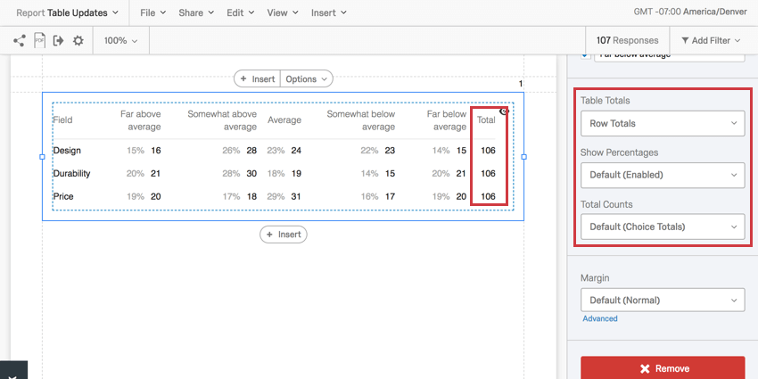 Opciones totales de la tabla