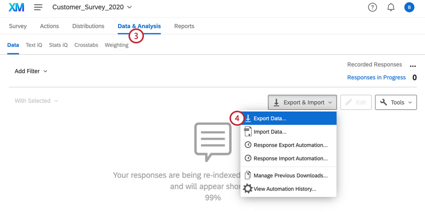 navigating to data and analysis and selecting export data