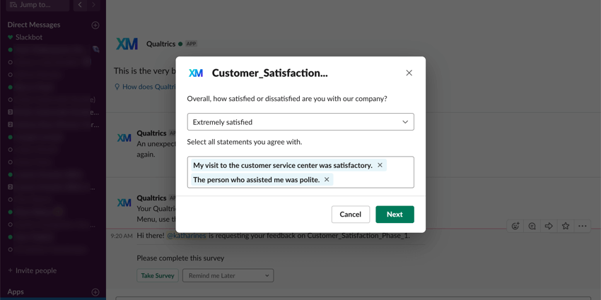 Fenêtre où vous remplissez des questions dans Slack
