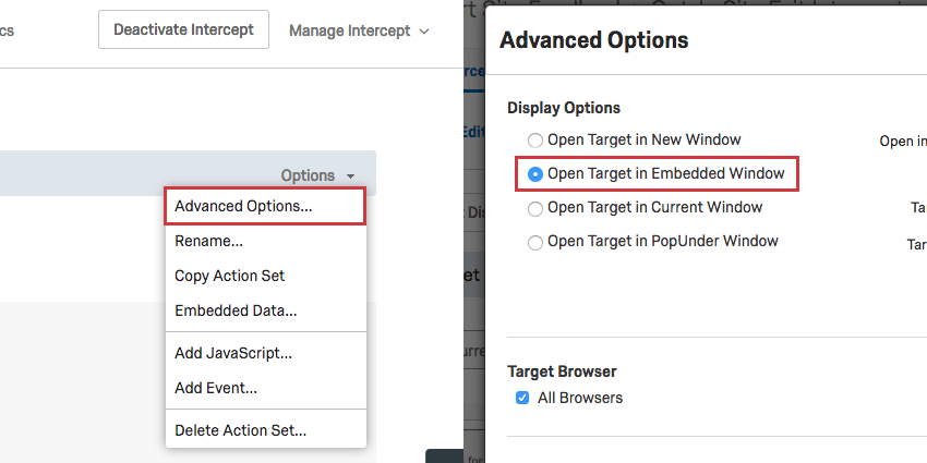 The Options menu and then inside the advanced options, with open target in embedded window selected