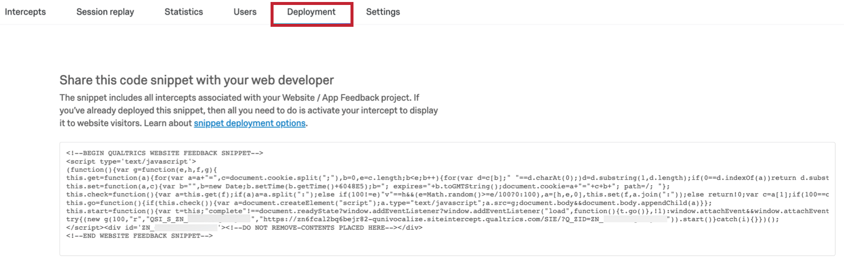 Code de déploiement dans la section Déploiement