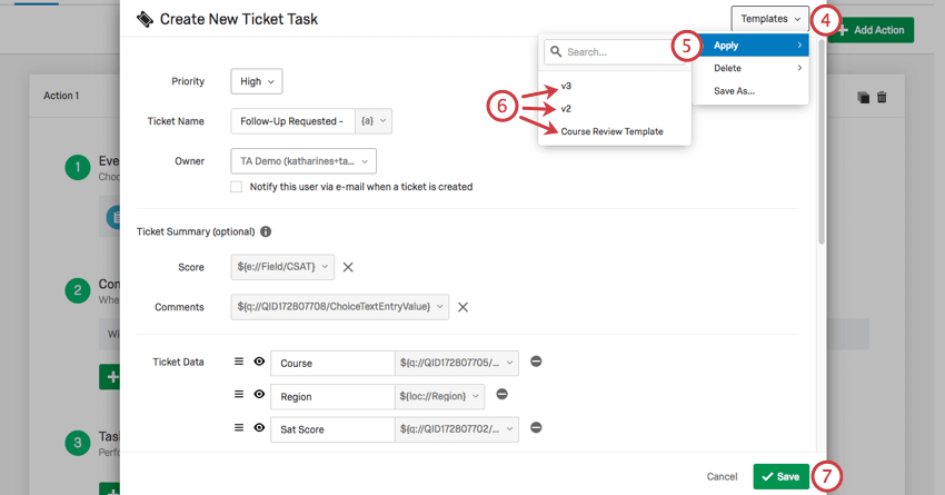 Applying templates from the upper-right dropdown