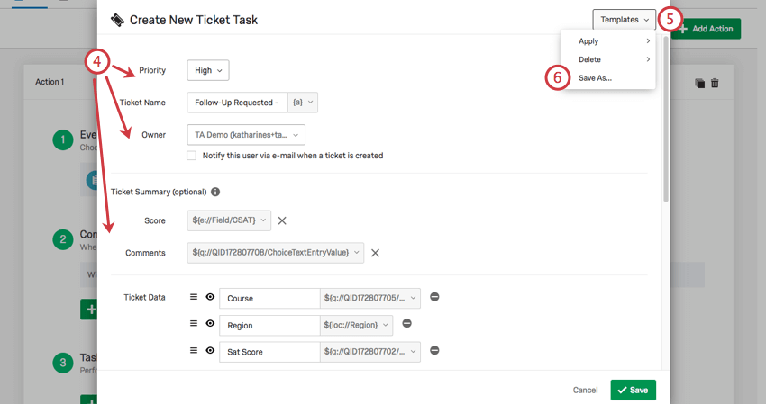 On a ticket task, selecting templates in upper-rightmost corner