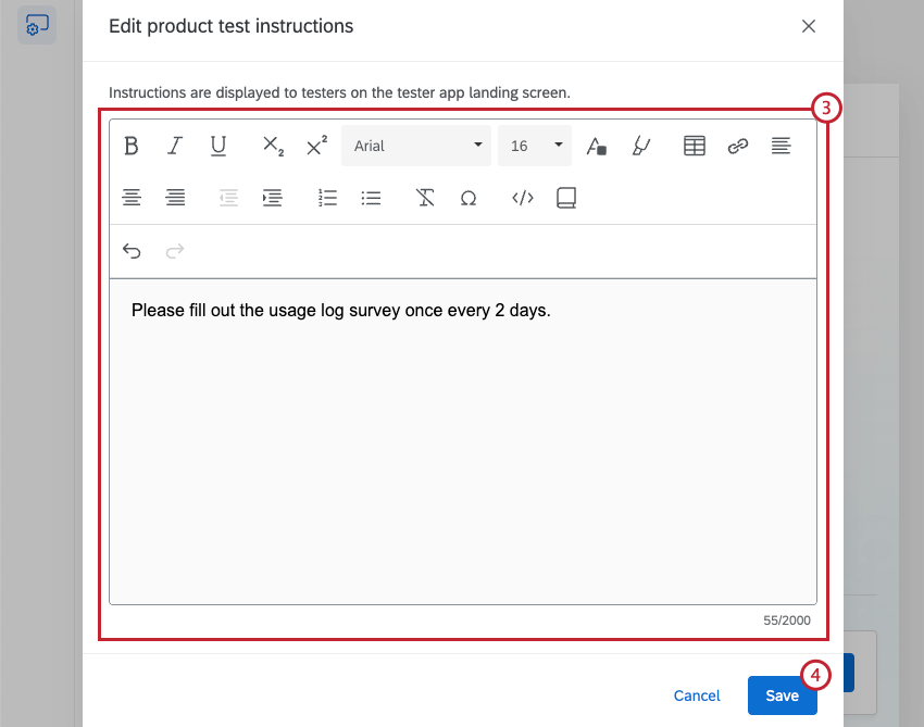 Sección del editor de contenido enriquecido donde puedes crear un mensaje personalizado