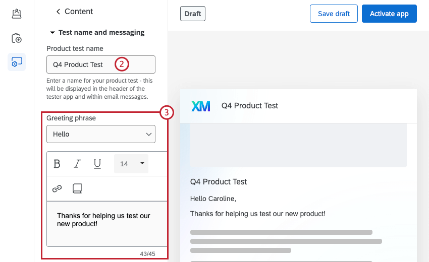 abschnitte zur Eingabe eines Produkttestnamens und einer Begrüßung