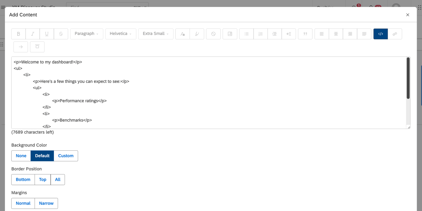 HTML tab of a text block widget