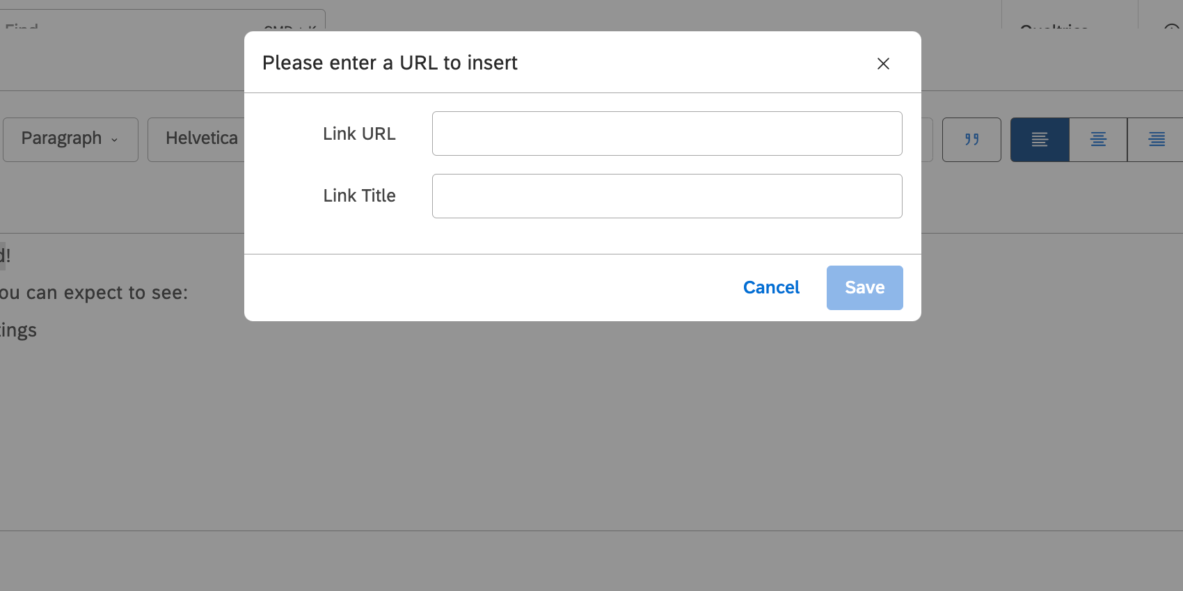 New window where you add a link URL and link title