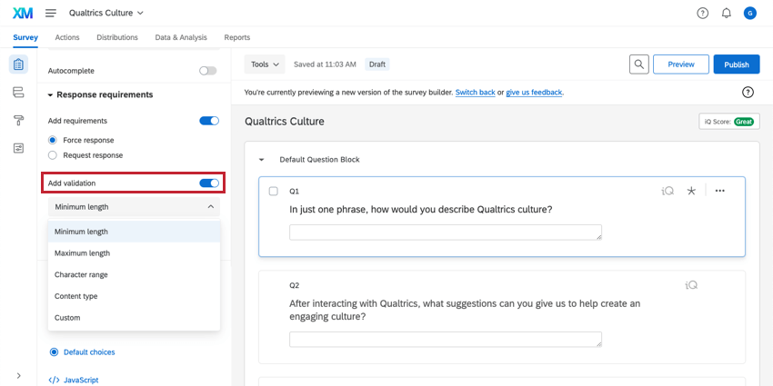 Add validation under the response requirements with a dropdown menu showing validation types