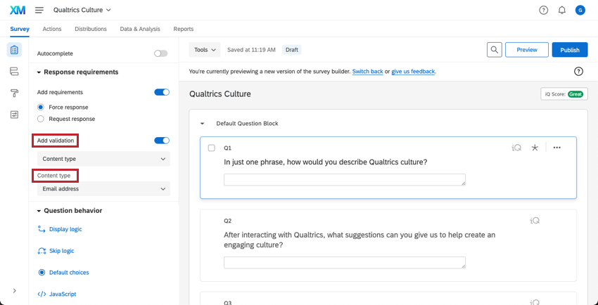 Add Validation and Content Type highlighted as customization options under the Response requirements
