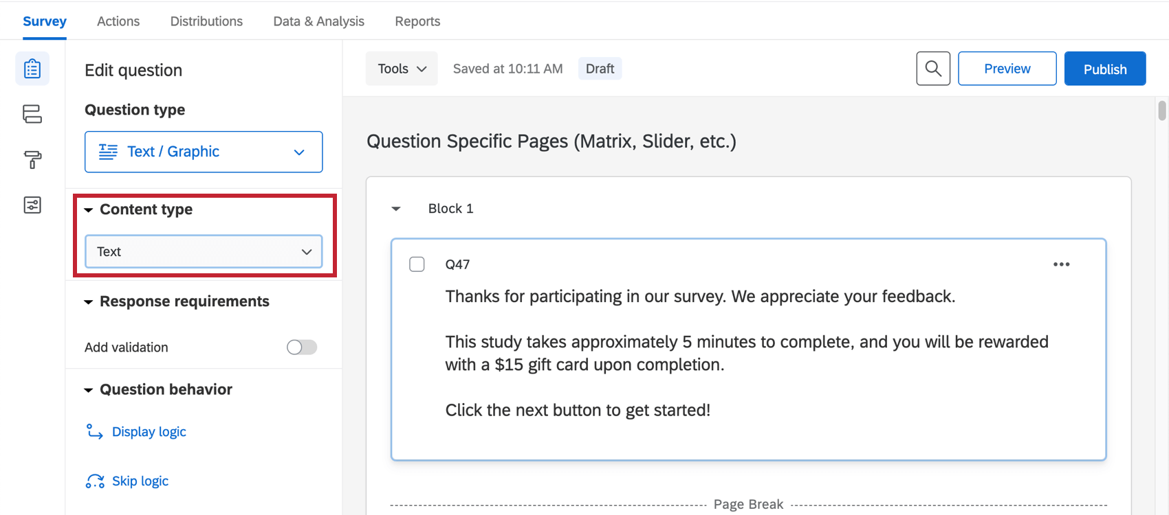 A Text/Graphic question is selected. On the right, under Type, Text is selected
