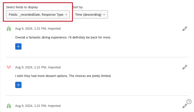 image of a dropdown menu above several text iQ comments. the menu is called select fields to display, and shows the recorded date and response type have been added to each comment.