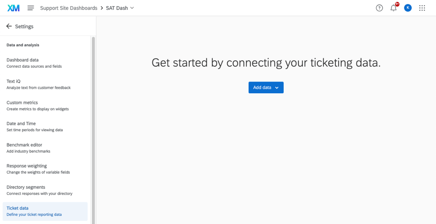 Center of ticket data page, blue add data button