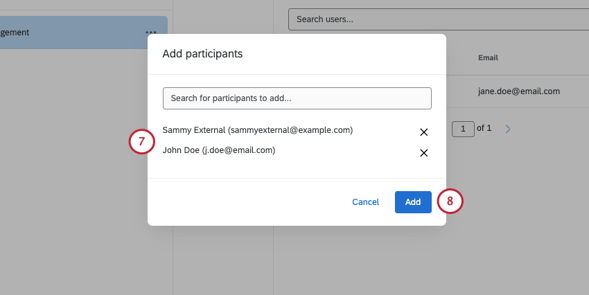 Users listed on window; Add button bottom-right