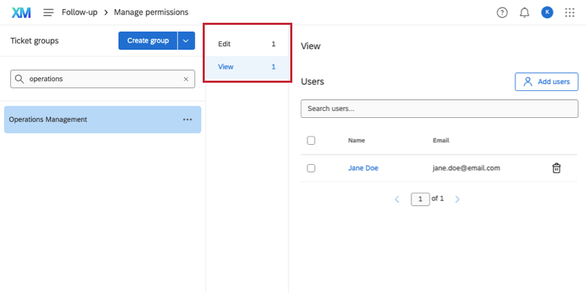 Ticket group selected so you can see edit and view permissions to right