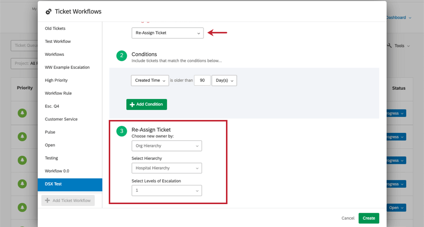 Ticket Workflows window opened. Scroll down through new workflow in re-assignment mode to see that the ticket can be reassigned by hierarchies in step 3