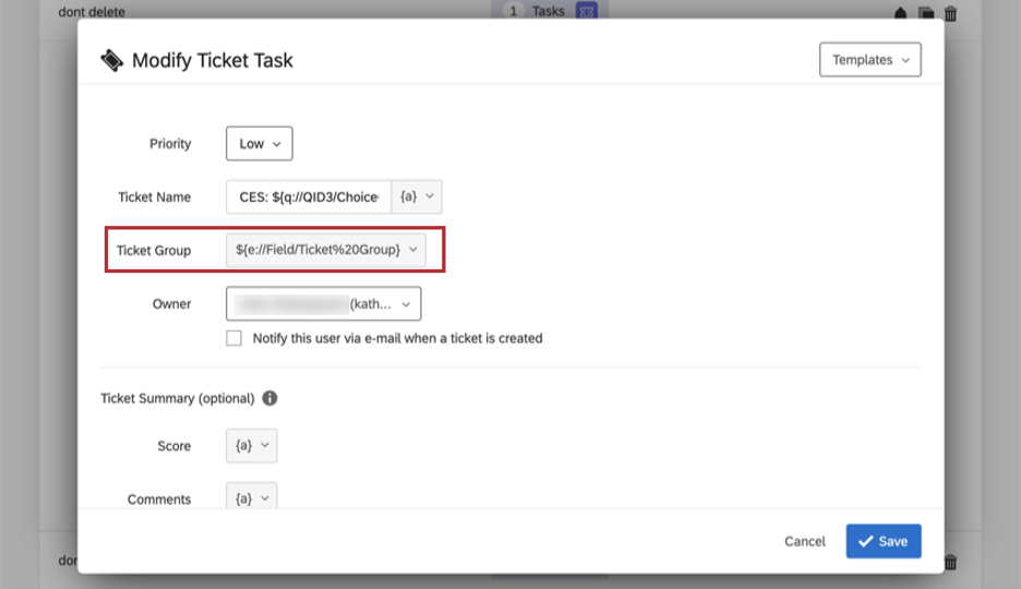 Field labeled ticket group in the ticket task creation window