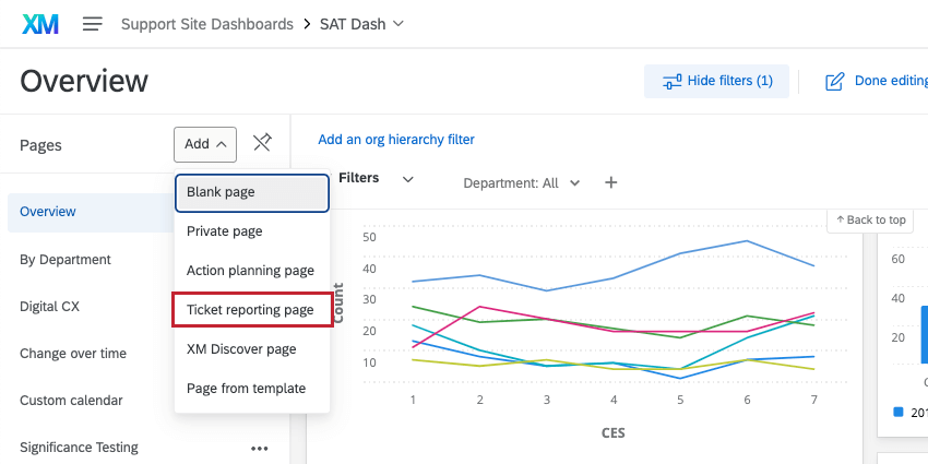Ticket page option in upper-left of dashboard