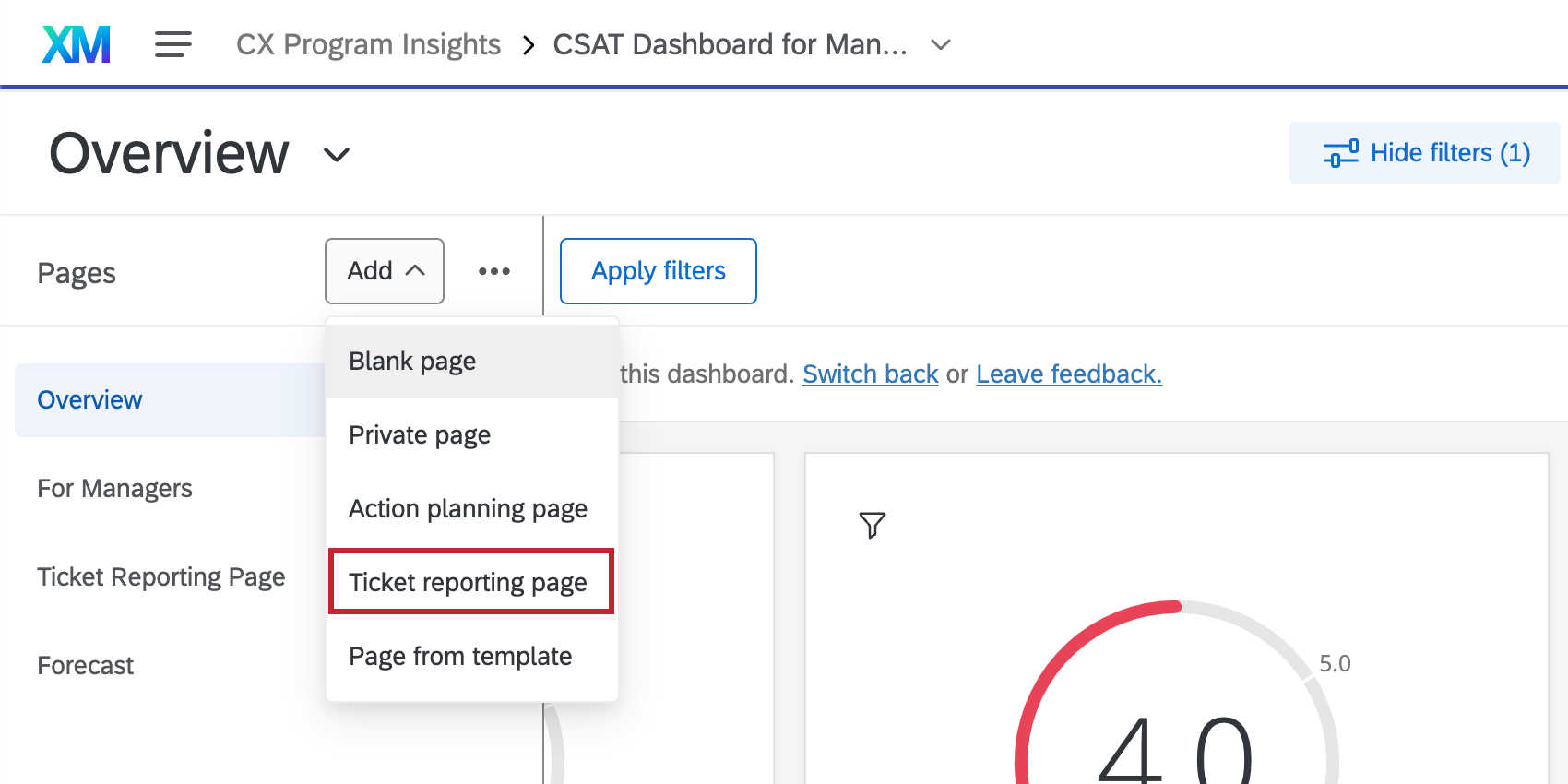 Ticket page option in upper-left of dashboard