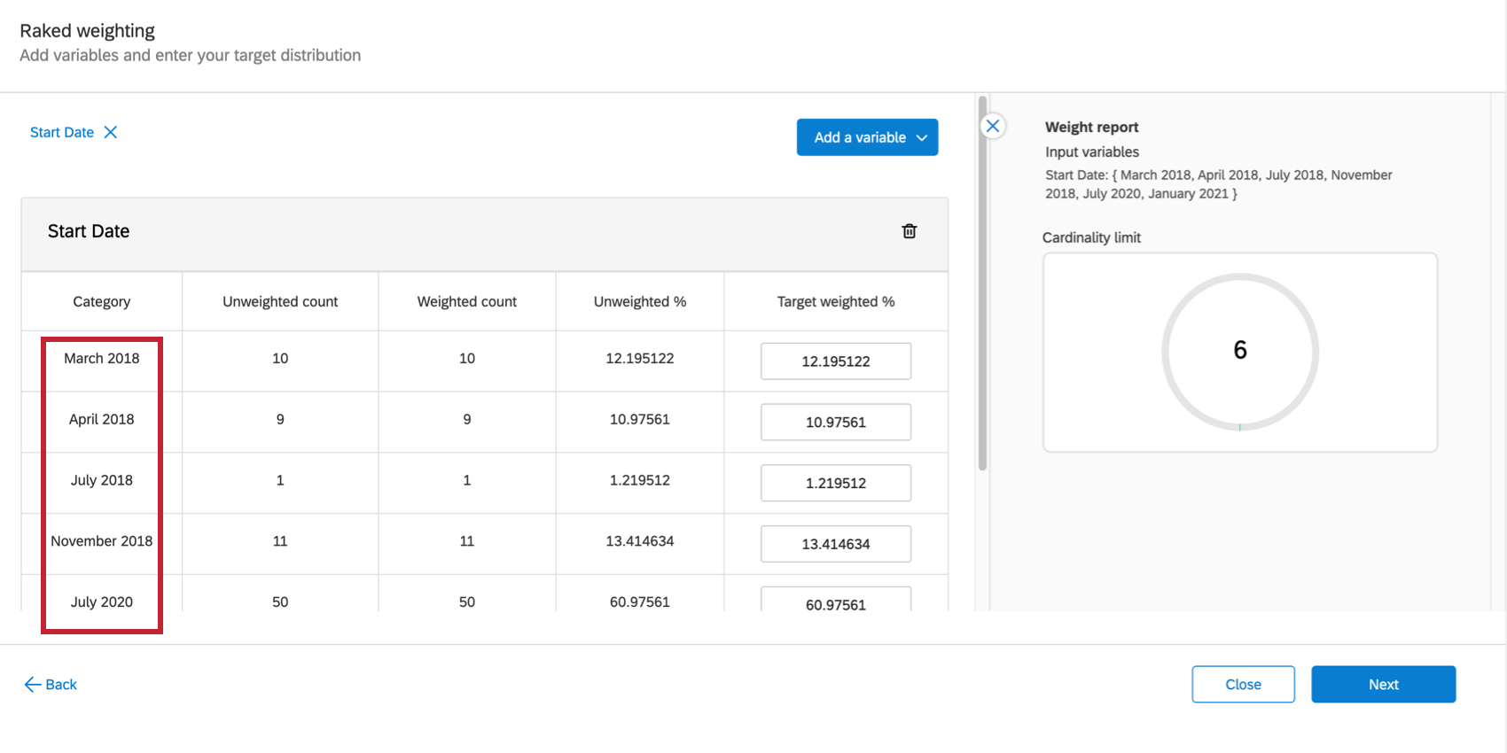 Variabile suddivisa in mesi, quindi le opzioni sono marzo 2020, aprile 2020, ecc