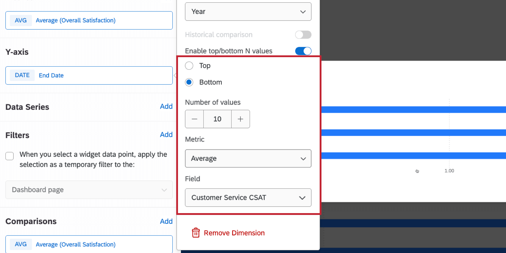 configuring the widget to only display data for the 10 bottom average CSAT scores