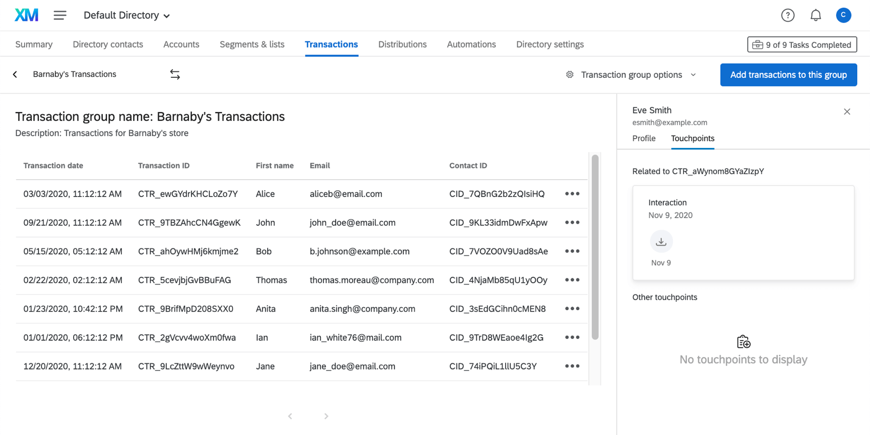 onglet transactions dans le répertoire XM