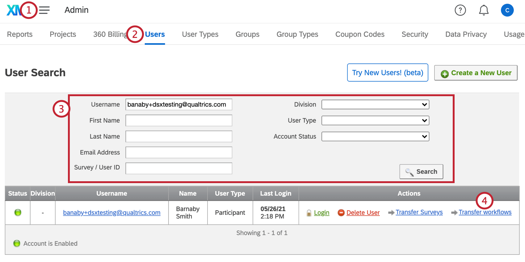 navegar por la sección de usuarios de admin, buscar un usuario y hacer clic en transferir flujos de trabajo