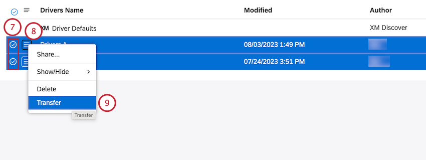 Click the actions menu next to the driver. Select the checkbox beside each of the drivers that you want to transfer to transfer more than one driver at once. Click Transfer.