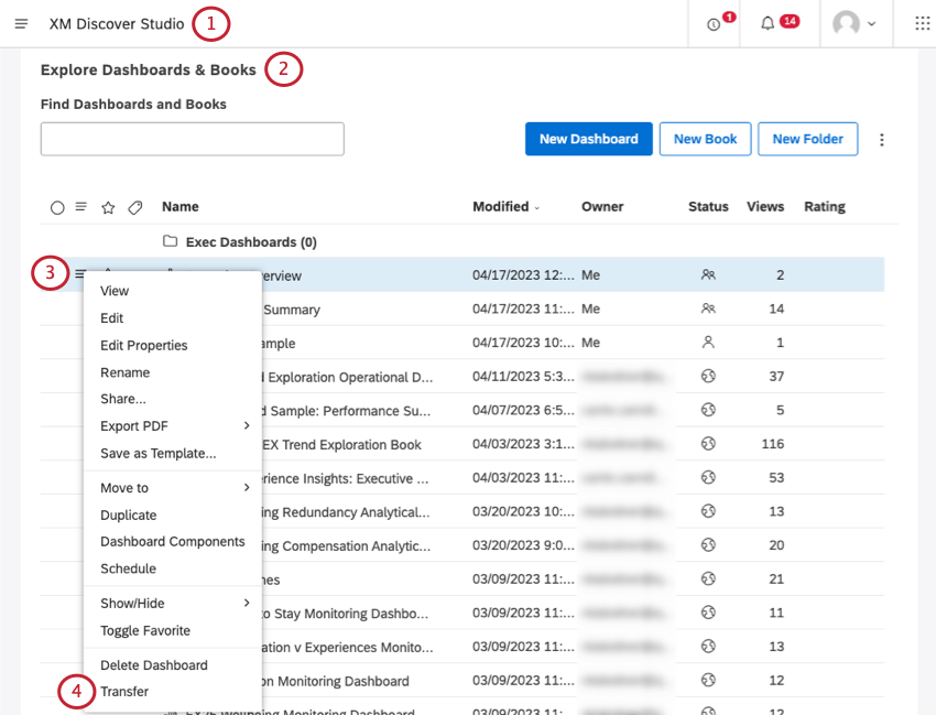 Using the hamburger menu next to a dashboard on the studio homepage to transfer