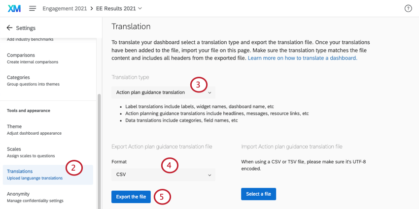 navigating to translations tab and exporting a spreadsheet