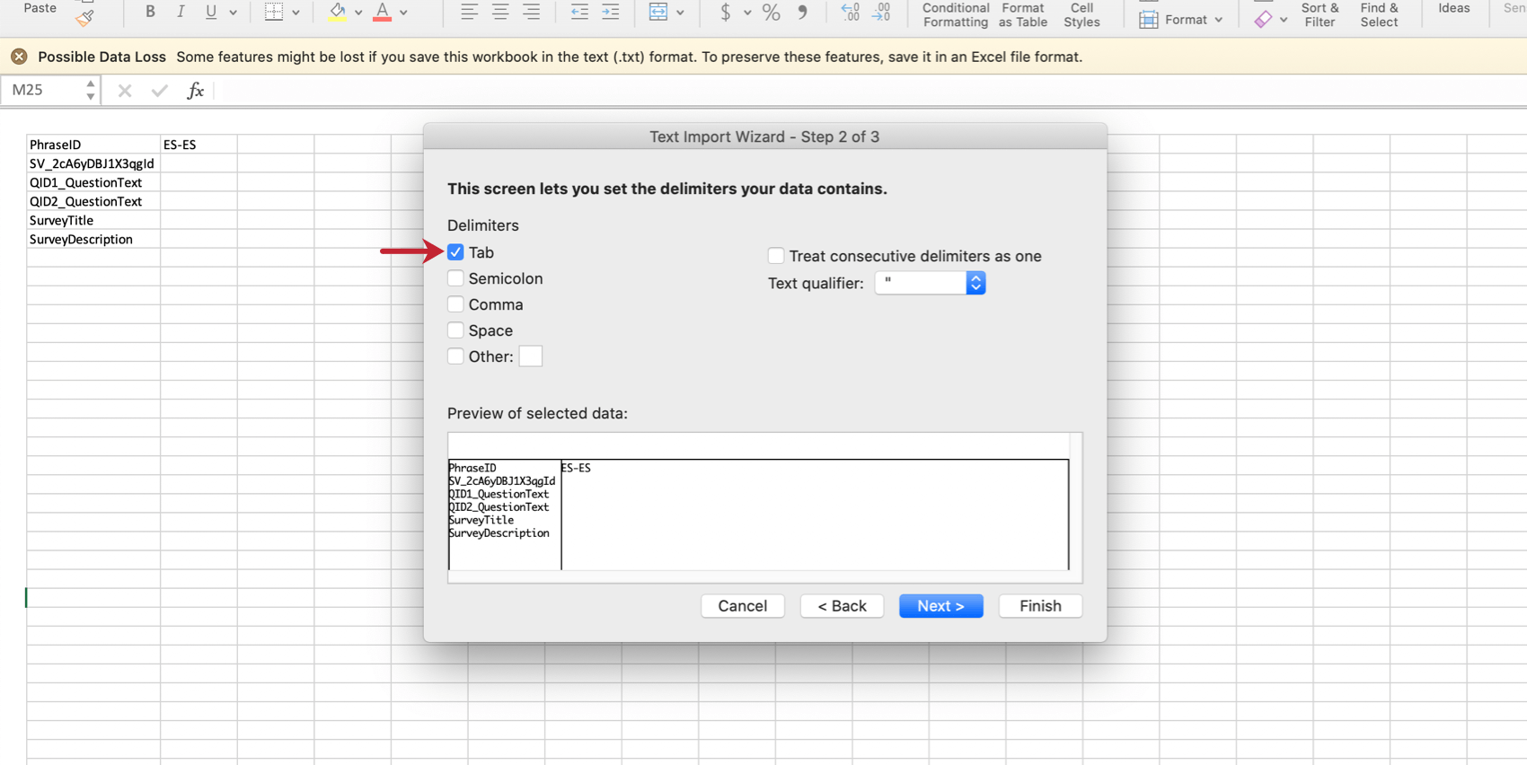 Delimiters is set to tab