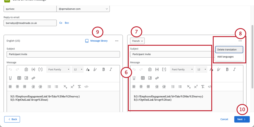 original email and translation appear side by side in editor