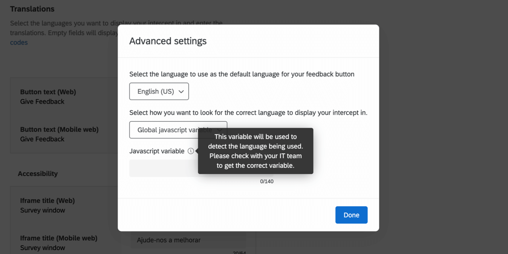 Using a Javascript variable in the Advanced settings