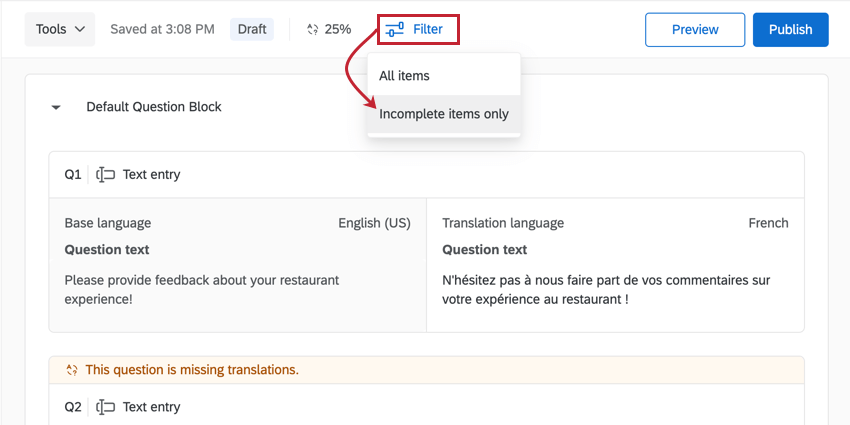 utilizzare il filtro per selezionare solo gli elementi incompleti