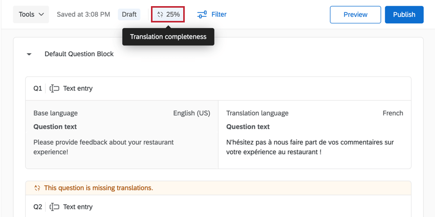 El porcentaje que muestra qué tan avanzada está la traducción.