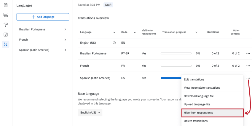 choosing the "hide from respondents" option to disable a translation