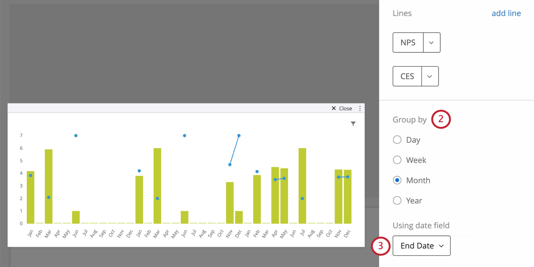 Groupings in widget editing pane, then dropdown for choosing date field