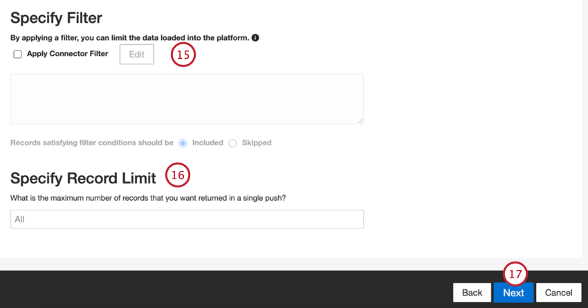 Agregar un filtro de conector y especificar un límite de registros