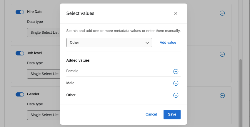 new modal opens where you can edit values for the metadata