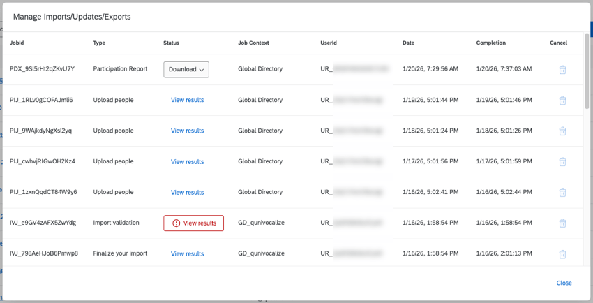 the "manage previous imports/update/exports" window