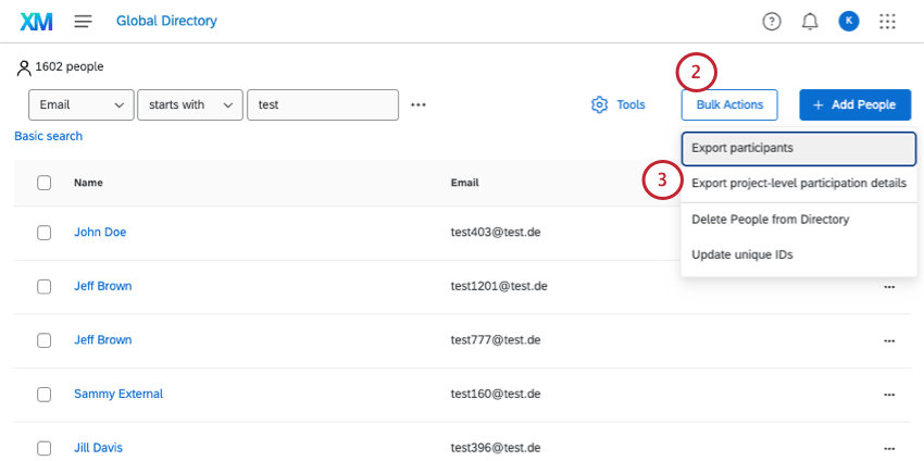 in the employee directory, selecting project-level participation export in the bulk actions menu