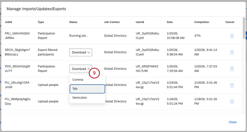 downloading the completed export
