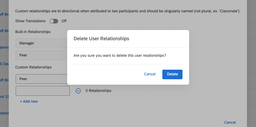 the delete confirmation window for deleting relationships