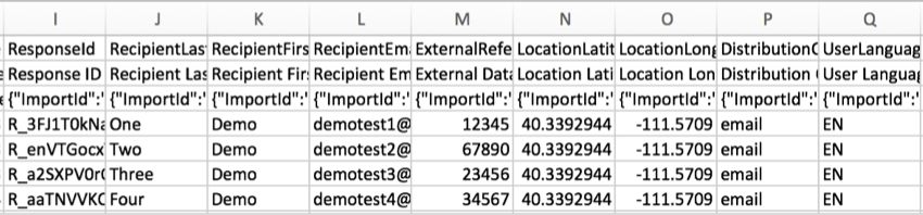 CSV file with columns for ResponseID, RecipientEmail, ExternalDataReference, LocationLatitude, LocationLongitude, Distribution, and UserLanguage