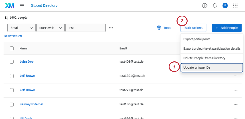 in the employee directory, clicking bulk actions and choosing update unique identifiers