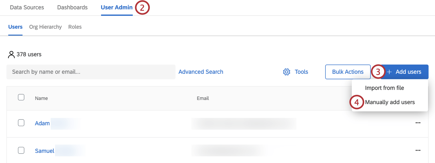 User Admin tab of a dashboard opens a list of CX users. On the right of the page is a blue Add Users button