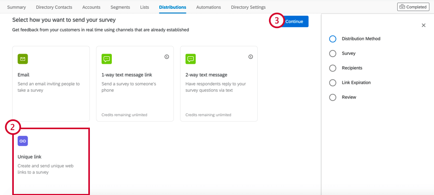 Registerkarte "Distributionen" im xm directory. Die Option "unique link" ist ausgewählt.